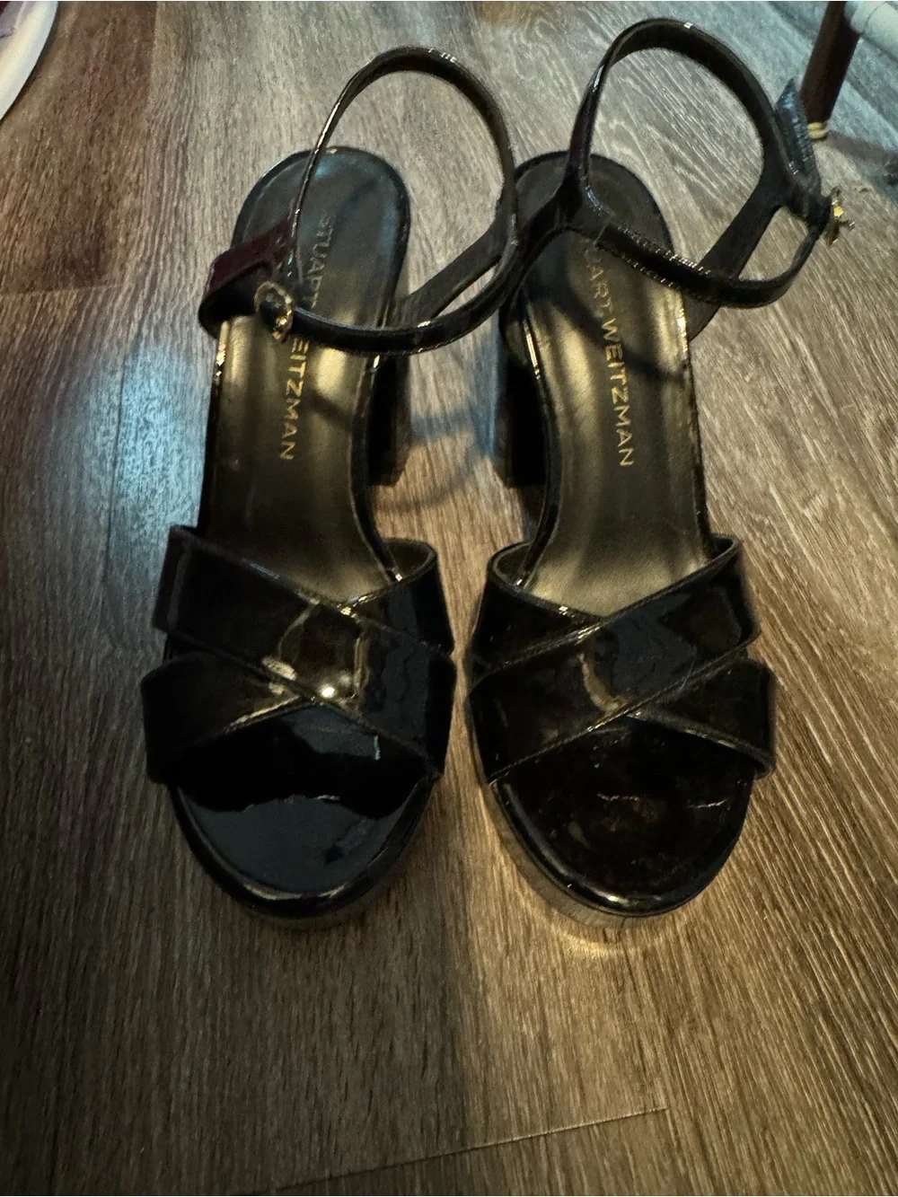 Stuart Weitzman Black Patent Platform Block Heel Sandal with Gold Buckle